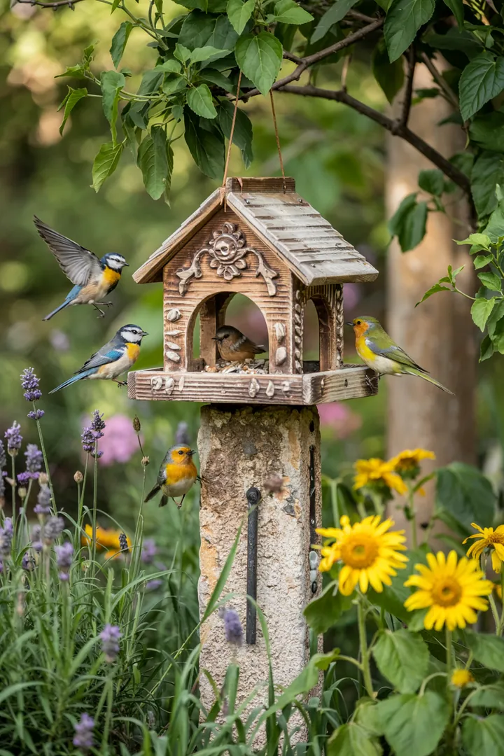 Ein kunstvoll gestaltetes Futterhaus für Vögel, umgeben von bunten Pflanzen und einer einladenden Gartenlandschaft. Entdecken Sie kreative Vogelhaus Ideen für Ihren Außenbereich.