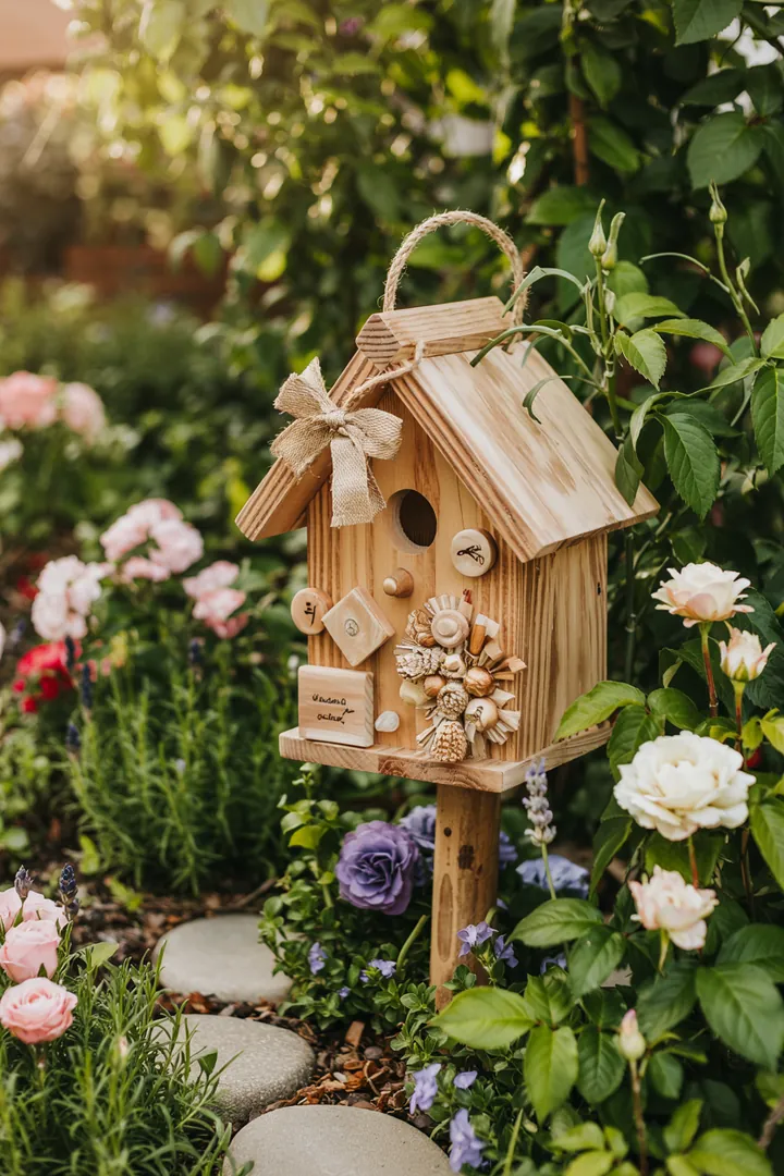 Ein charmantes, handgefertigtes Futterhaus für Vögel in einem Garten, umgeben von bunten Blumen und grünen Pflanzen, inspiriert von kreativen Vogelhaus Ideen.