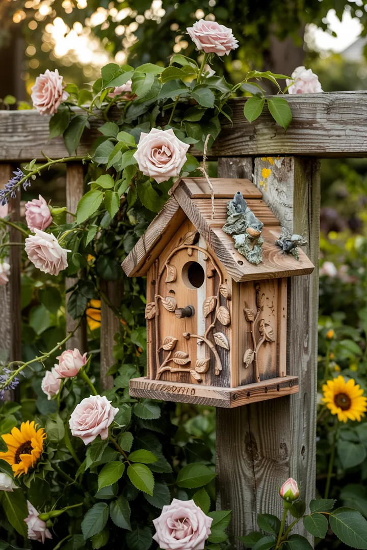 Ein charmantes, handgefertigtes Zuhause für gefiederte Freunde, umgeben von bunten Blumen und einer einladenden Gartenlandschaft – inspirierende Vogelhaus Ideen.