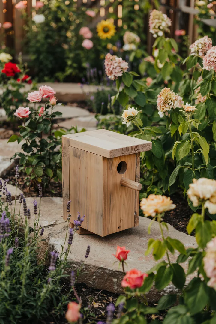 Ein kunstvoll gestaltetes Futterhaus für Vögel in einem bunten Garten, das kreative Inspiration für Vogelhaus Ideen bietet.