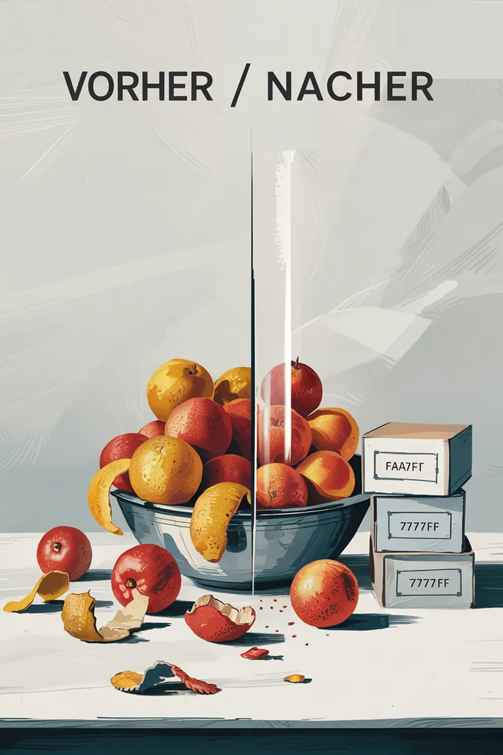 Split-Image: links chaotische Obstschale, rechts geordnetes Zonen-Setup mit Labels; Keyword Obst richtig lagern.