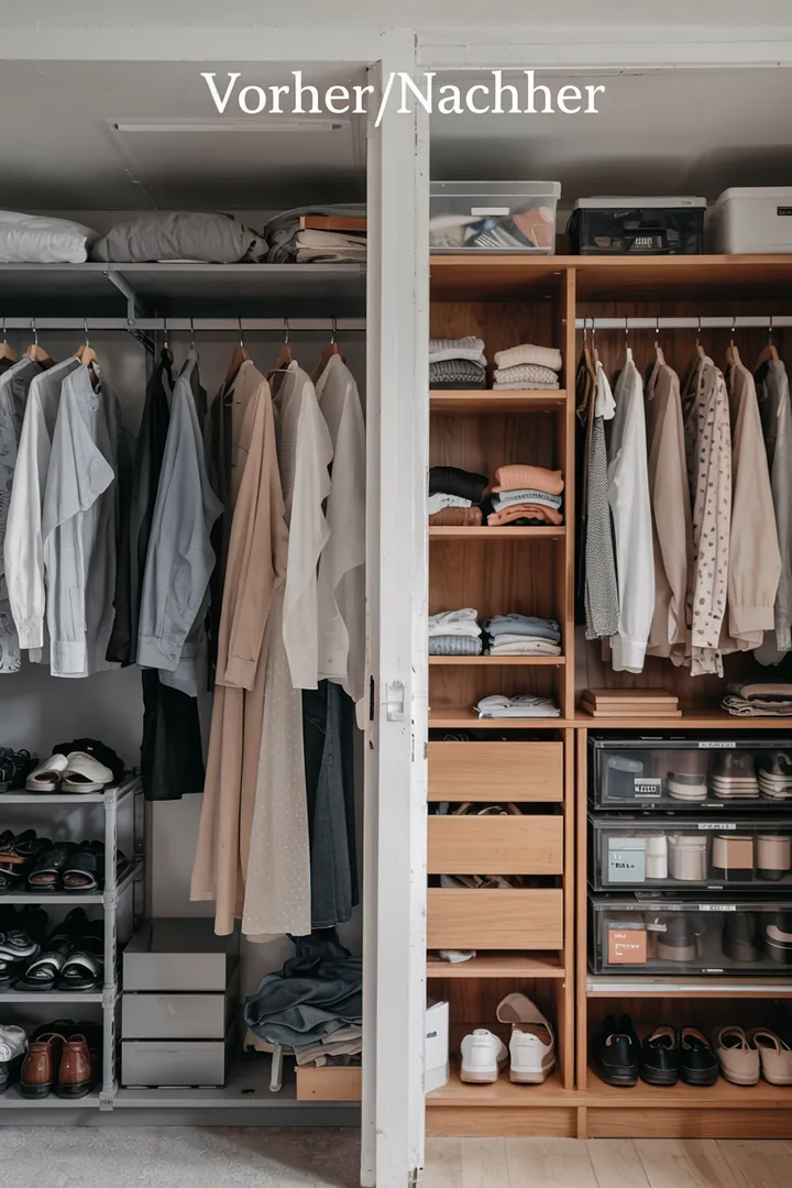 Linke Seite: unordentlicher Schrank; rechte Seite: Sortiersystem mit Trennstegen, Innenauszug. Deutliche Details, gut erkennbar; küche aufbewahrung küchengeräte im Fokus, screenreader-freundlich beschrieben.