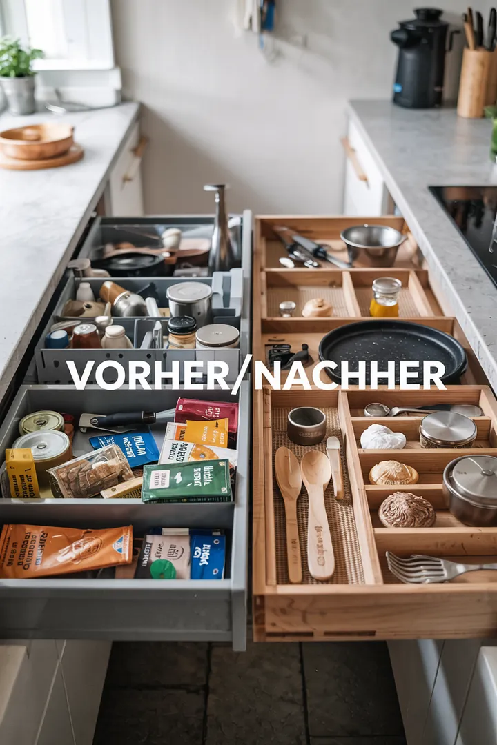 Zweiteiliges Bild: links unordentliche Küchenschublade, rechts sauber organisiert mit Trennstegen; Keyword Trennstege Organizer