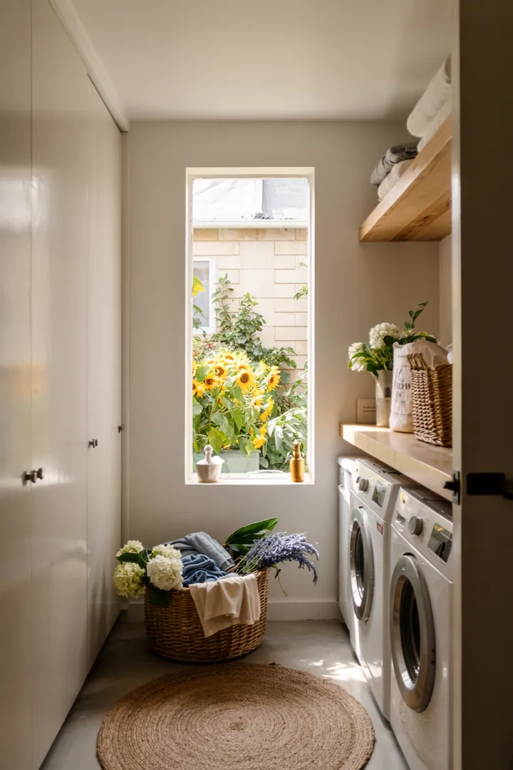 Ein heller Raum mit einer eleganten Schiebetür, der eine praktische Waschküche verbirgt, ideal für effiziente Haushaltsorganisation.