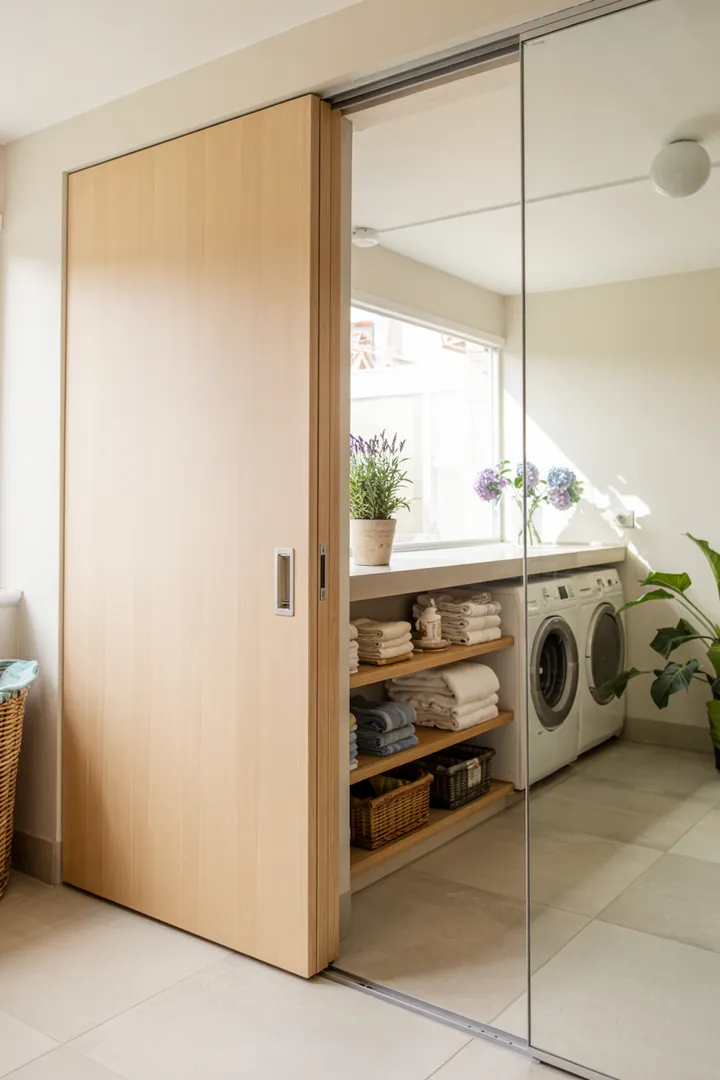 Ein stilvoller Raum mit einem praktischen Stauraum hinter einer gläsernen Schiebetür, ideal für eine moderne Waschküche.
