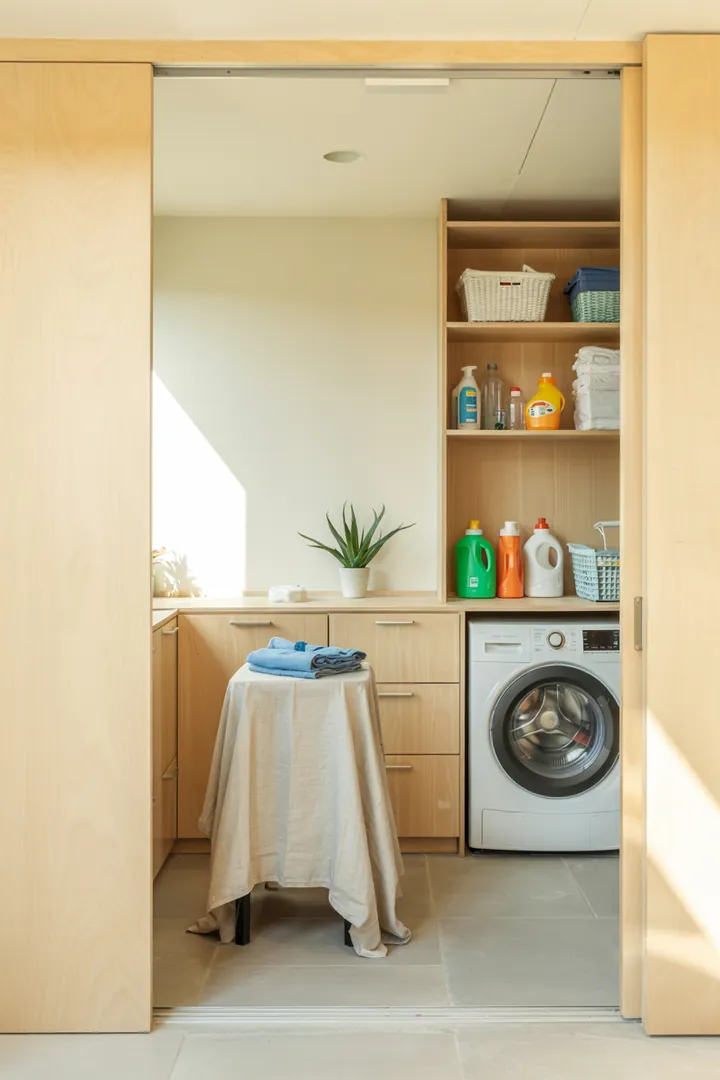 Ein gut organisierter Raum mit modernen Geräten und Stauraum, der durch eine elegante Schiebetür abgetrennt ist, ideal für eine stilvolle Waschküche.