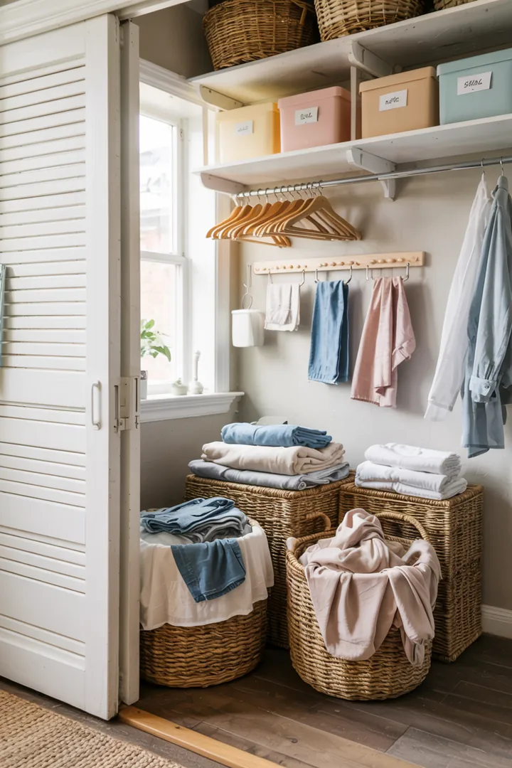 Ein gut organisierter Raum mit einem modernen Schiebetürsystem, das Zugang zu einer praktischen Waschküche bietet, ideal für effizientes Wäschemanagement.