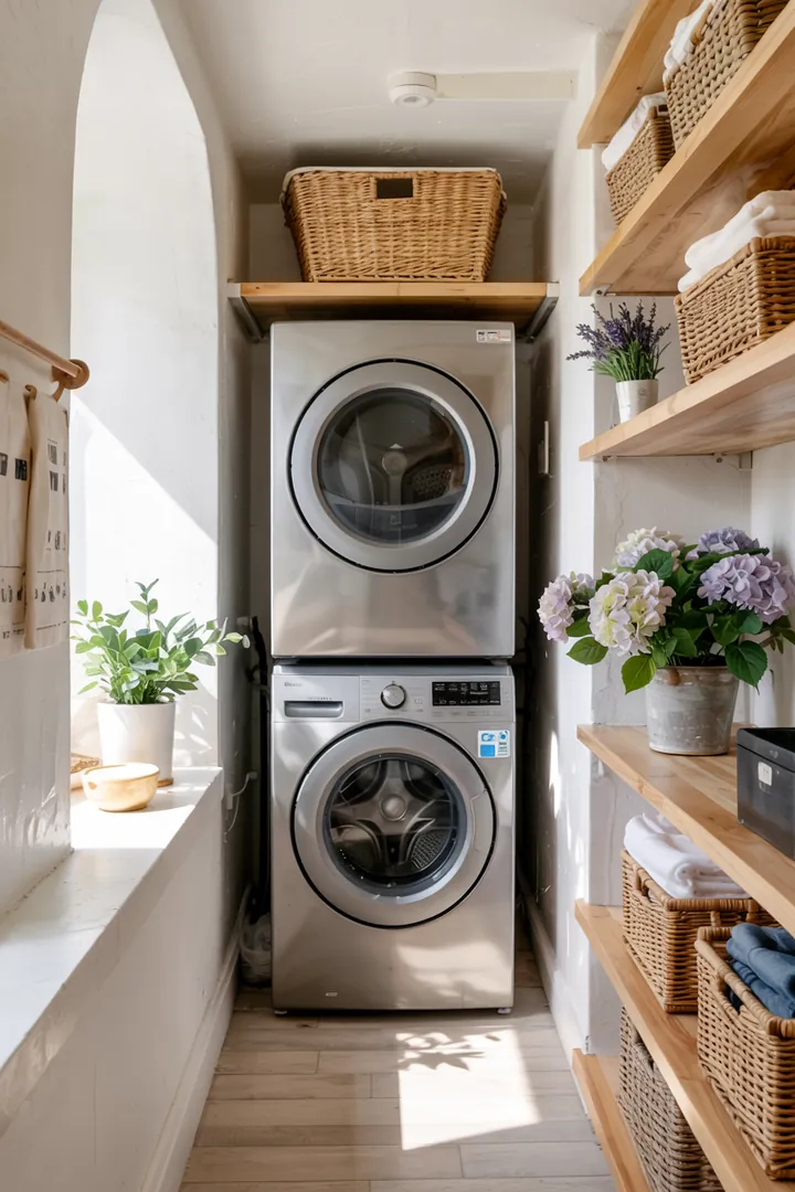 Ein modernes Raumdesign, das eine funktionale Waschküche hinter einer eleganten Schiebetür präsentiert, bietet Platz für Waschmaschine und Trockner.