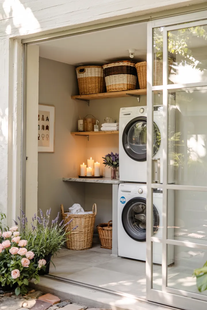 Ein stilvoll gestalteter Raum mit praktischen Lösungen für die Wäscheaufbewahrung, der durch eine elegante Schiebetür zugänglich ist und eine moderne Waschküche bietet.