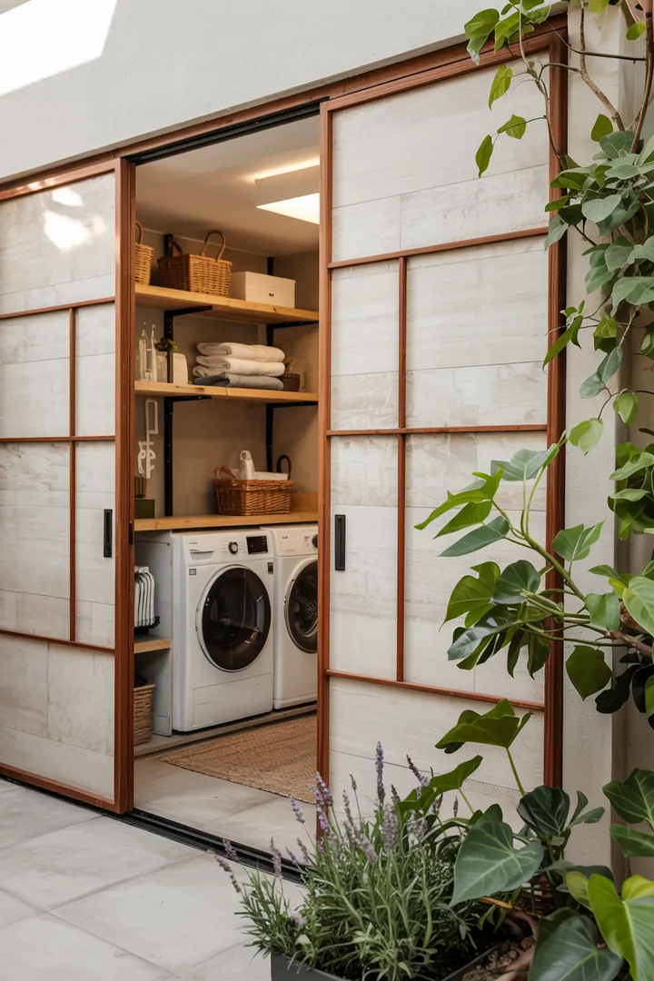 Helle und funktionale Waschküche hinter einer eleganten Schiebetür, die modernen Komfort und effiziente Raumnutzung vereint. Ideal für kleine Räume.