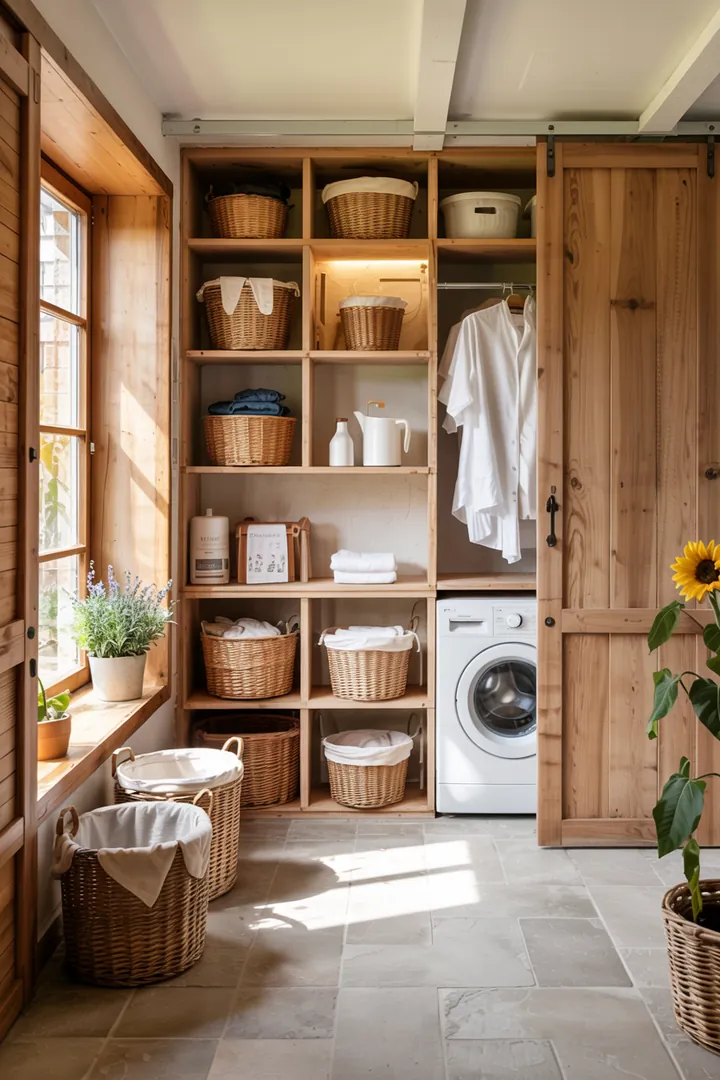 Ein eleganter Raum mit funktionalen Aufbewahrungslösungen, der eine praktische Waschküche hinter einer stilvollen Schiebetür verbirgt.