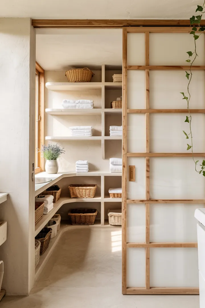 Ein moderner Raum mit praktischen Aufbewahrungslösungen und einem eleganten Zugang, ideal für eine Waschküche hinter Schiebetür.