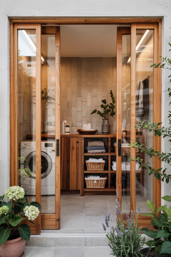 Ein moderner Raum mit praktischen Lösungen, der eine Waschküche hinter einer eleganten Schiebetür versteckt und optimalen Platz bietet.