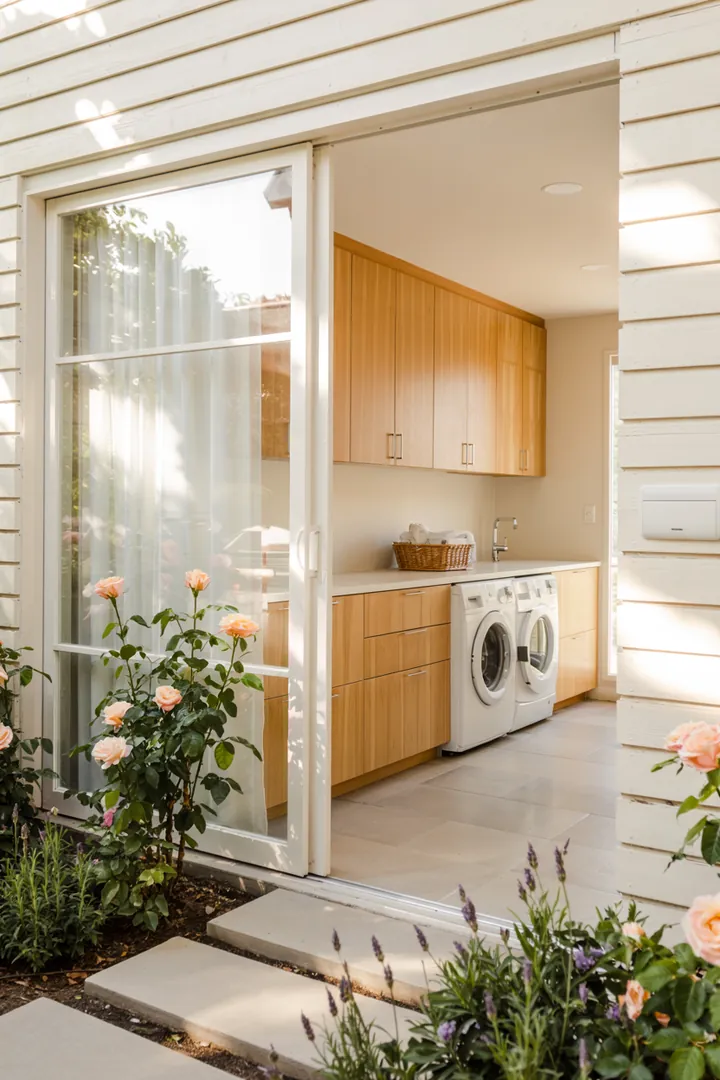 Ein stilvoller Raum mit modernen Geräten und cleveren Stauraumlösungen, der eine praktische Waschküche hinter einer eleganten Schiebetür versteckt.