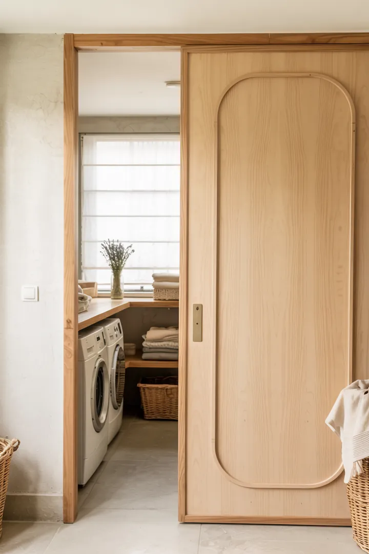 Ein heller und organisierter Raum mit moderner Ausstattung, der geschickt hinter einer eleganten Schiebetür verborgen ist, ideal für die Wäschepflege.