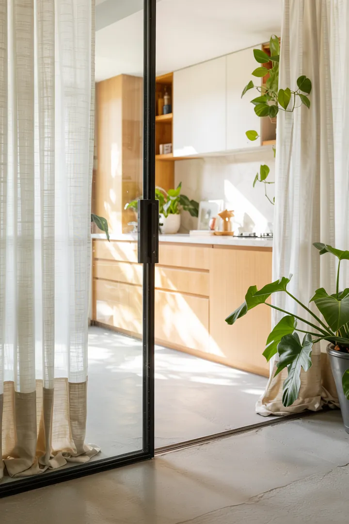 Ein stilvoller Raum, in dem eine moderne Waschmaschine hinter einer eleganten Schiebetür verborgen ist, schafft Ordnung und Funktionalität.