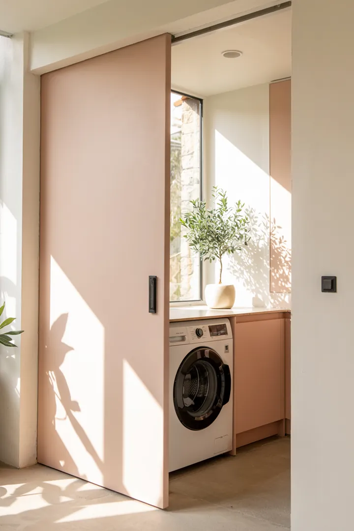 Ein eleganter Raum mit einem modernen Schrank, der eine platzsparende Lösung für eine Waschmaschine hinter einer praktischen Schiebetür bietet.