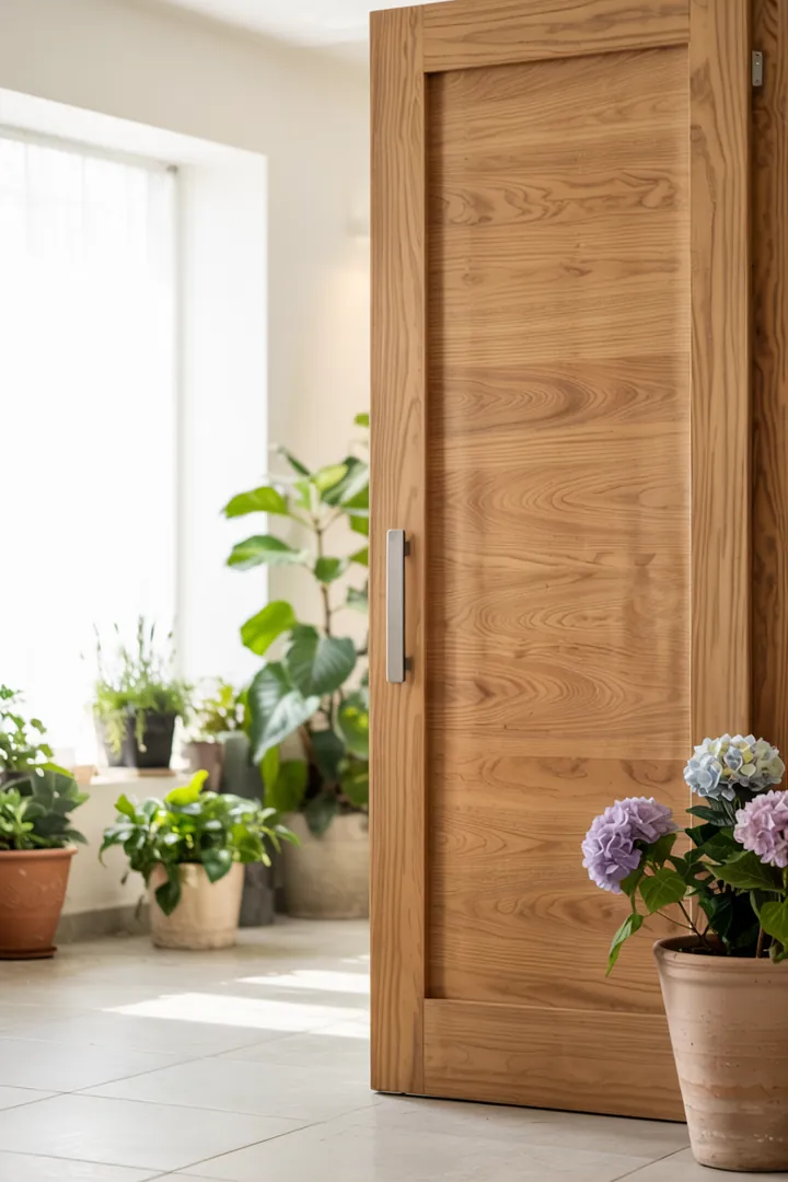 Ein modernes Zuhause mit einem eleganten Schrank, der eine praktische Waschmaschine hinter einer stilvollen Schiebetür verbirgt, sorgt für Ordnung und Funktionalität.