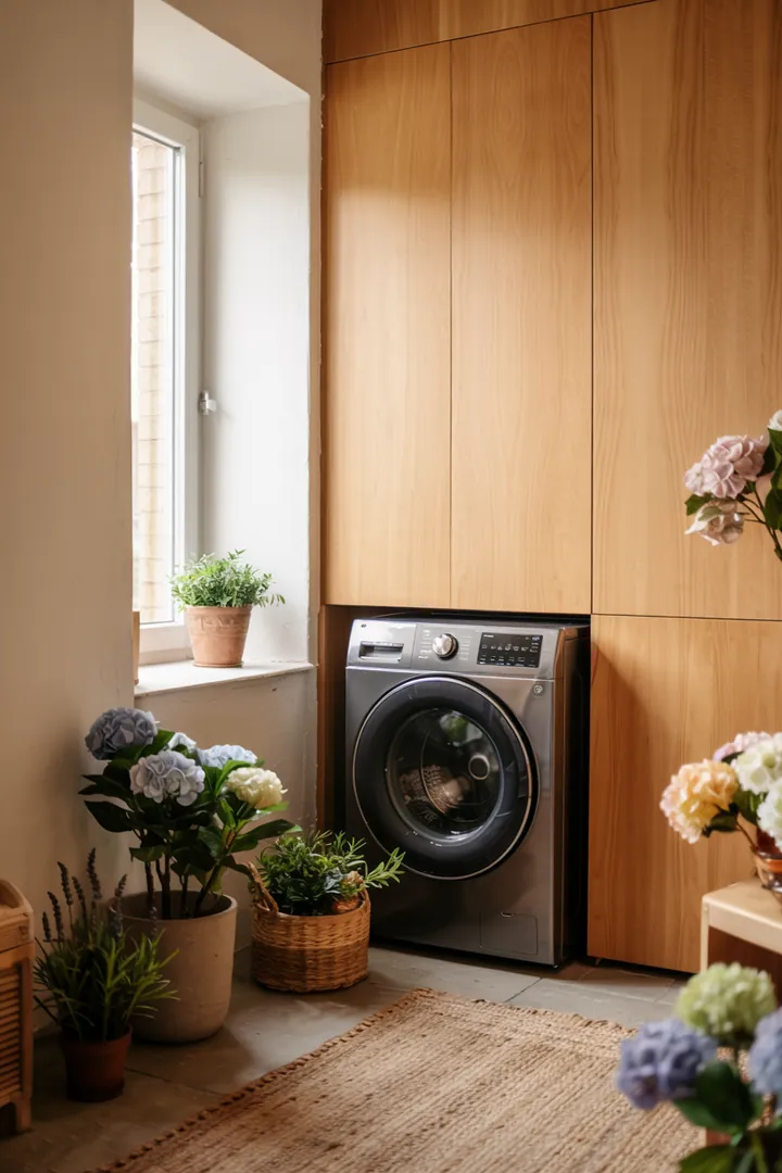 Ein moderner Raum mit einem eleganten Schrank, der eine praktische Waschmaschine hinter einer Schiebetür verbirgt, sorgt für Ordnung und Stil.