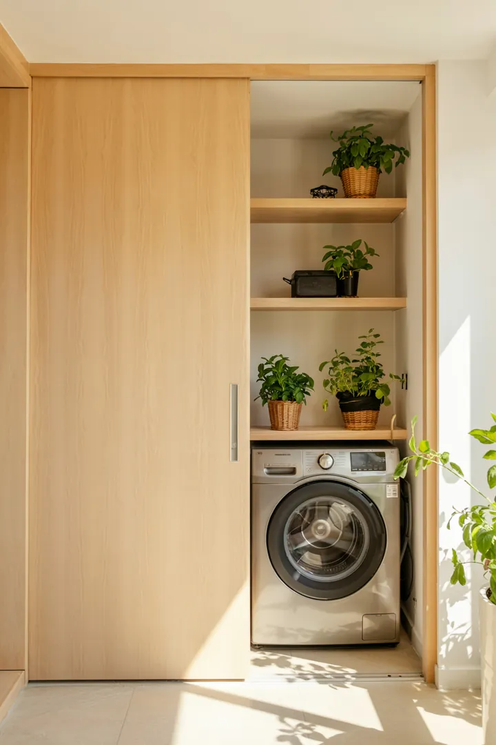 Ein moderner Raum mit elegantem Design, in dem sich hinter einer stilvollen Schiebetür eine praktische Waschmaschine verbirgt, ideal für platzsparende Lösungen.