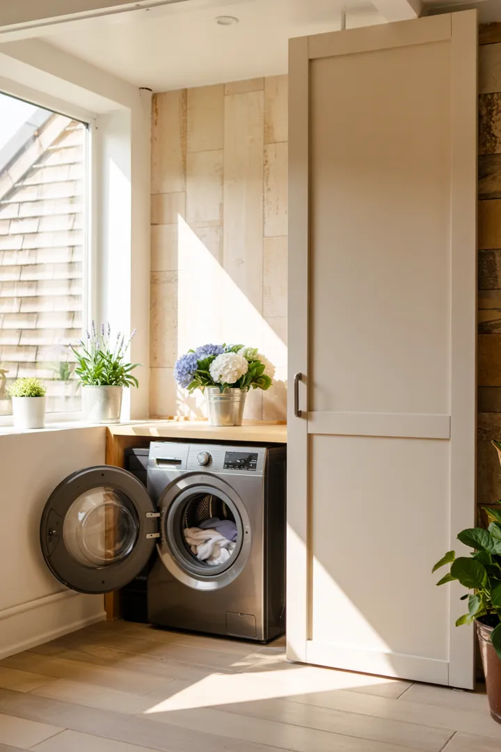 Eine elegante und platzsparende Lösung, die eine moderne Waschmaschine hinter einer stilvollen Schiebetür versteckt, ideal für kleine Räume.