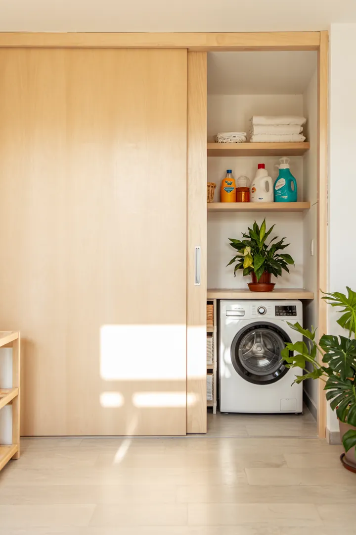 Ein stilvolles, modernes Interieur zeigt einen praktischen Raum, in dem eine Waschmaschine hinter einer eleganten Schiebetür verborgen ist, um Platz zu sparen.