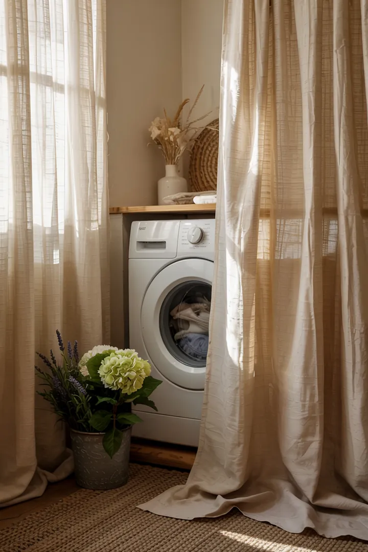 Ein stilvolles Wohnzimmer mit einem eleganten Vorhang, der einen Blick auf eine moderne Waschmaschine im Hintergrund freigibt, ideal für funktionale Wohnräume.