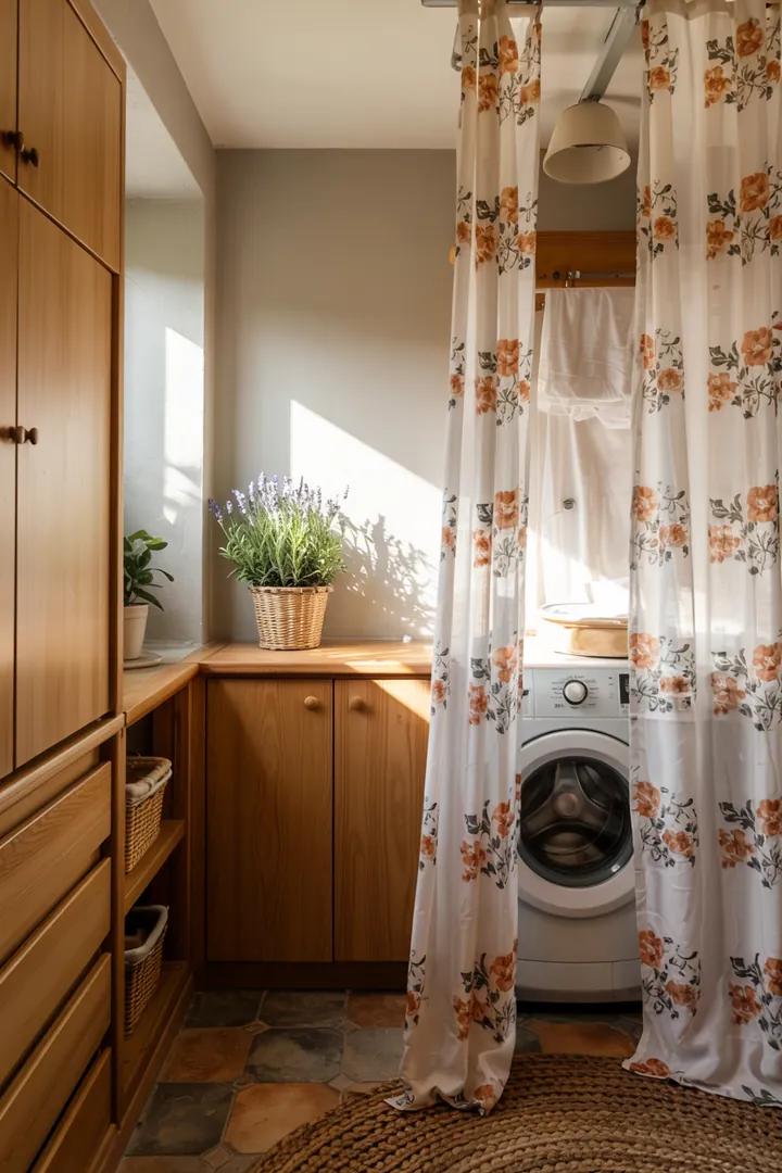 Ein verstecktes Haushaltsgerät hinter einem dekorativen Stoff, das für Sauberkeit sorgt und Wäschepflege erleichtert. Ideal für kleine Räume.