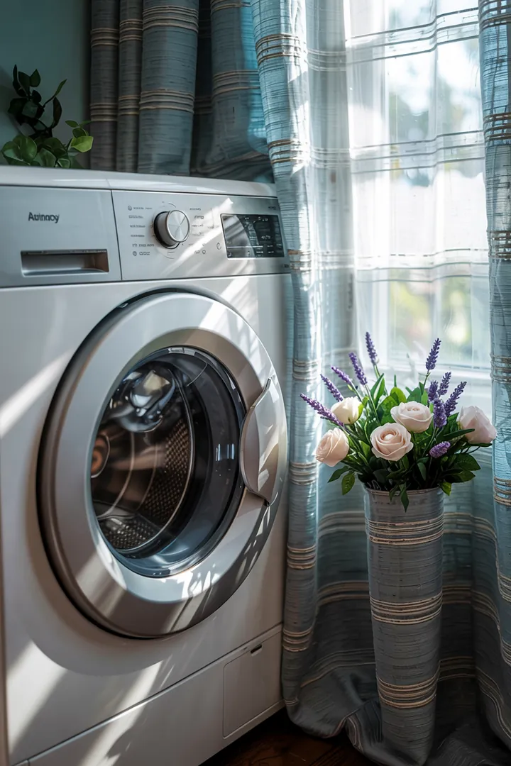 Ein verstecktes Haushaltsgerät hinter einem dekorativen Stoff, das für Sauberkeit sorgt und den Alltag erleichtert. Ideal für platzsparende Lösungen.