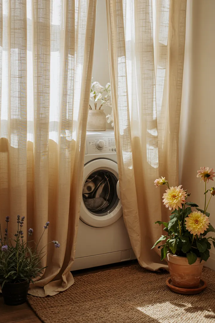 Ein heller Raum mit einem Fenster, hinter dem sich eine moderne Waschmaschine versteckt, während sanfte Vorhänge das Licht filtern.