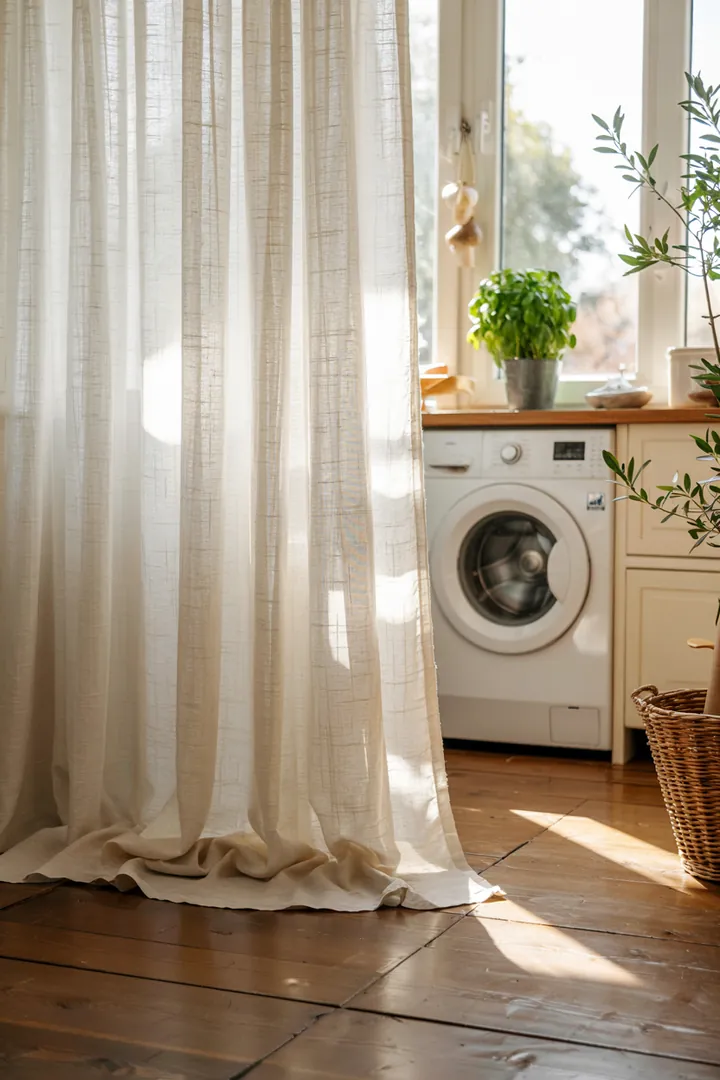 Ein heller Raum mit einer versteckten Reinigungsmaschine hinter einem eleganten Stoff, der den Blick auf die moderne Technik verdeckt.