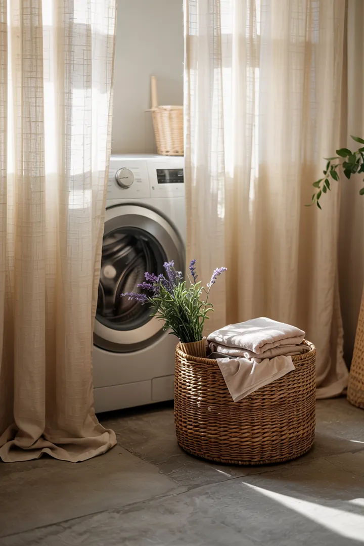 Ein verstecktes Haushaltsgerät hinter einem bunten Stoff, das für Sauberkeit und frische Wäsche sorgt. Ideal für kleine Räume.