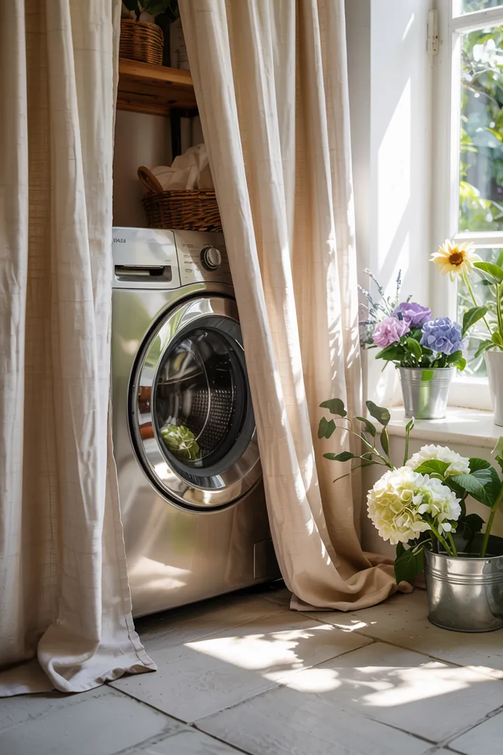 Ein neugieriger Blick hinter den Stoff, wo eine moderne Waschmaschine versteckt ist, die für frische Wäsche sorgt.