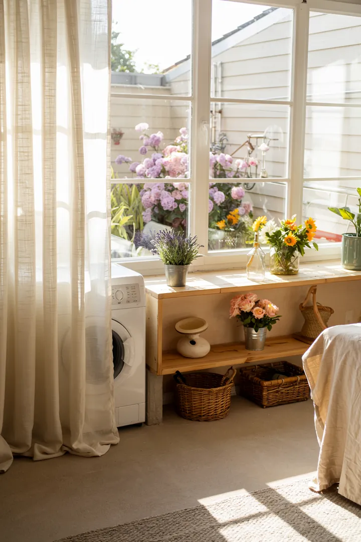 Ein verstecktes Haushaltsgerät hinter einem dekorativen Stoff, das den Alltag erleichtert und für Sauberkeit sorgt. Ideal zum Wäschewaschen.