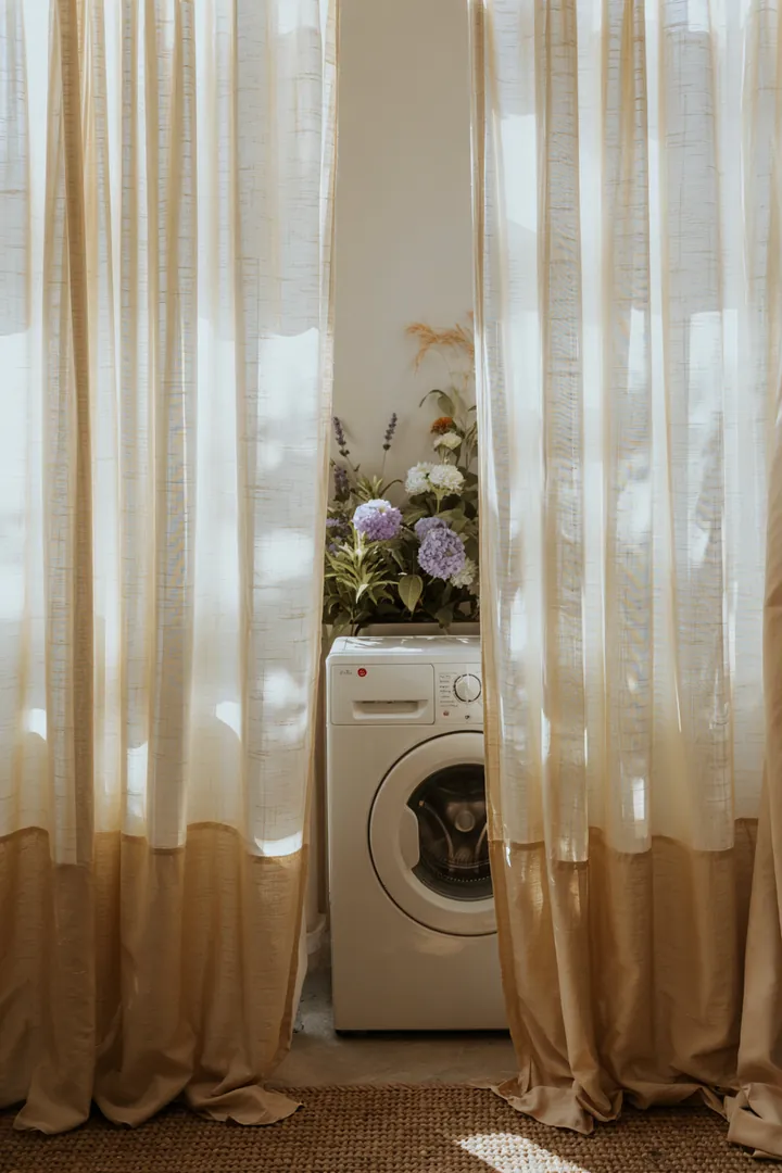 Ein verstecktes Haushaltsgerät hinter einem eleganten Stoff, das für Sauberkeit und Frische sorgt, ideal für kleine Räume mit Waschmaschine.