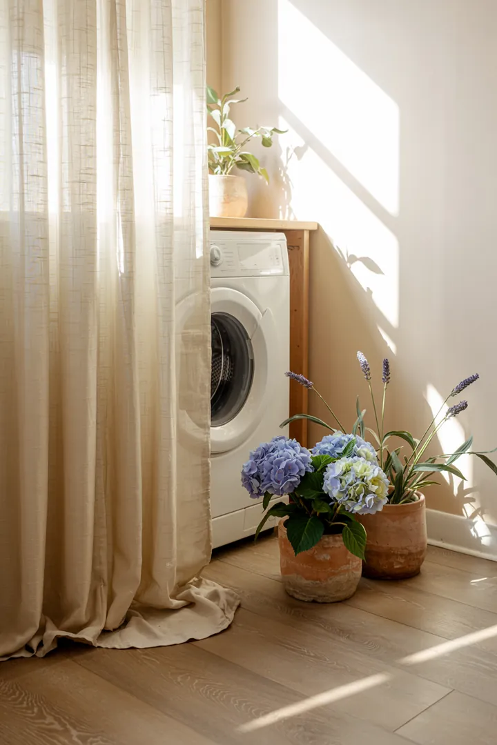 Ein verstecktes Haushaltsgerät hinter einem dekorativen Stoff, das für Sauberkeit und Effizienz im Alltag sorgt. Ideal für kleine Räume mit cleverem Design.