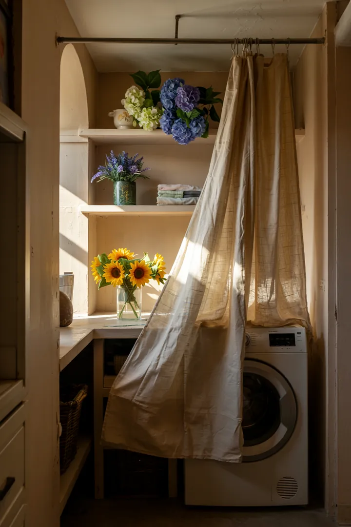 Ein heller Raum mit einem eleganten Vorhang, der eine moderne Waschmaschine verdeckt, schafft eine harmonische Atmosphäre im Wohnbereich.