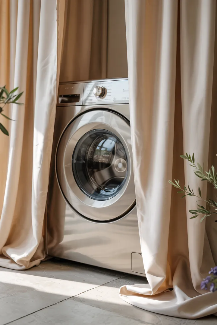 Hinter einem eleganten Stoff versteckt sich ein modernes Haushaltsgerät, das für saubere Wäsche sorgt und den Alltag erleichtert.