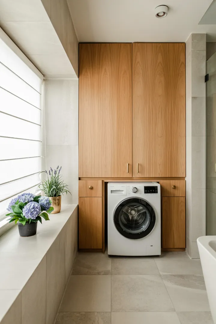 Ein stilvolles Badezimmer, in dem eine Waschmaschine geschickt in die Einrichtung integriert wurde, um ein harmonisches Gesamtbild zu schaffen.