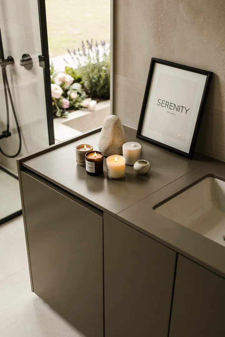 Elegante Gestaltung eines Badezimmers, in dem eine Haushaltsmaschine geschickt in die Einrichtung integriert ist, um einen harmonischen Gesamteindruck zu schaffen.