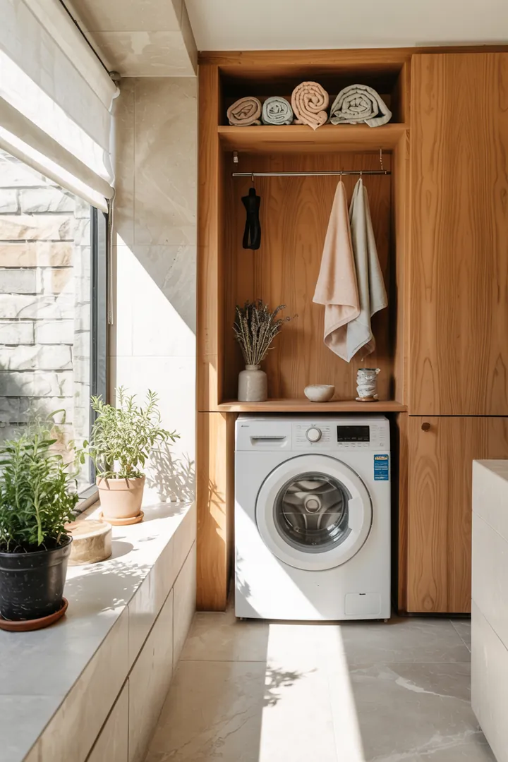Ein stilvolles Badezimmer, in dem eine Waschmaschine durch geschickte Gestaltung harmonisch in die Umgebung integriert ist, schafft eine ansprechende und praktische Lösung.