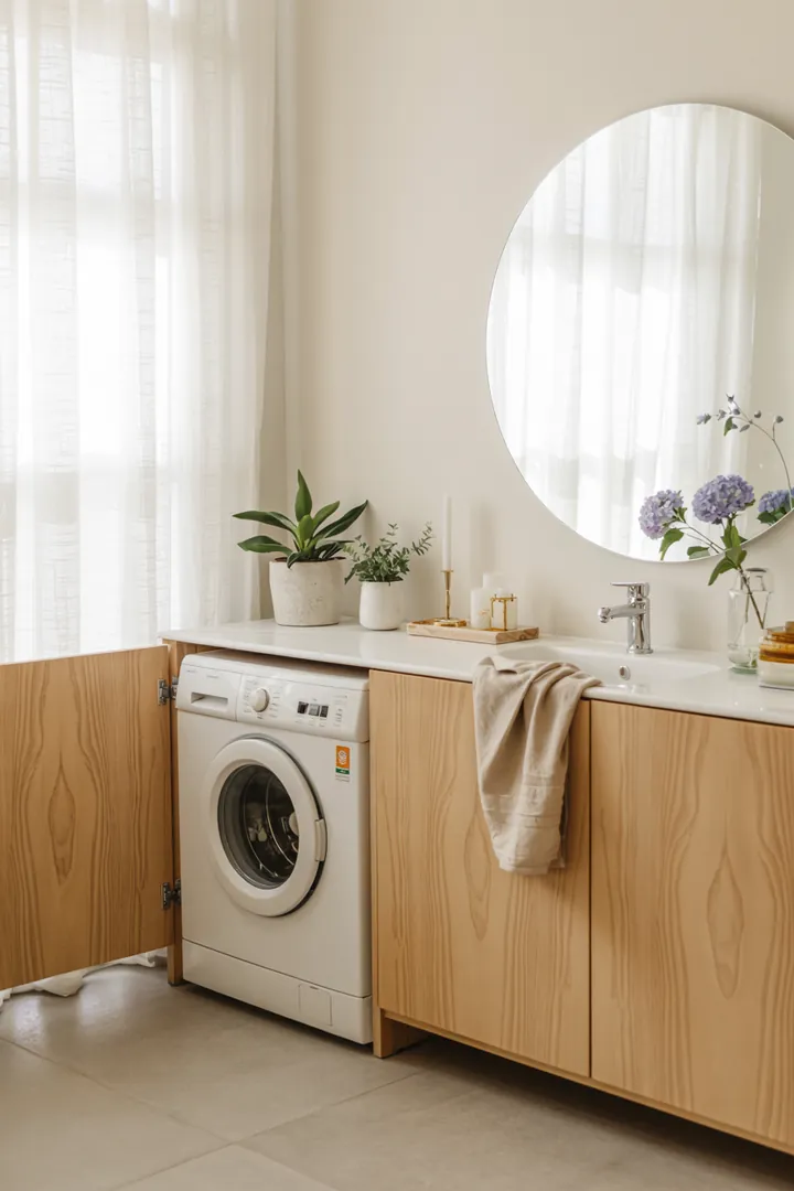 Eine stilvolle und harmonische Badezimmergestaltung, die eine Waschmaschine geschickt integriert und durch dekorative Elemente optisch ansprechend kaschiert.