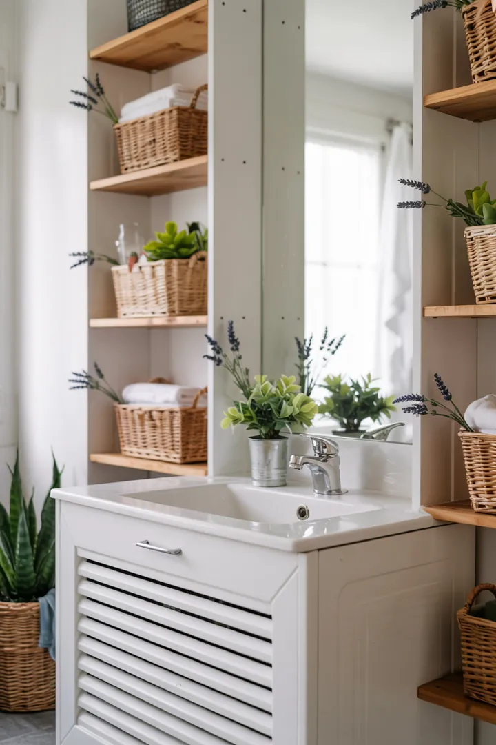 Ein stilvoll gestaltetes Badezimmer, in dem eine Waschmaschine harmonisch in die Umgebung integriert ist, um einen eleganten und aufgeräumten Look zu schaffen.