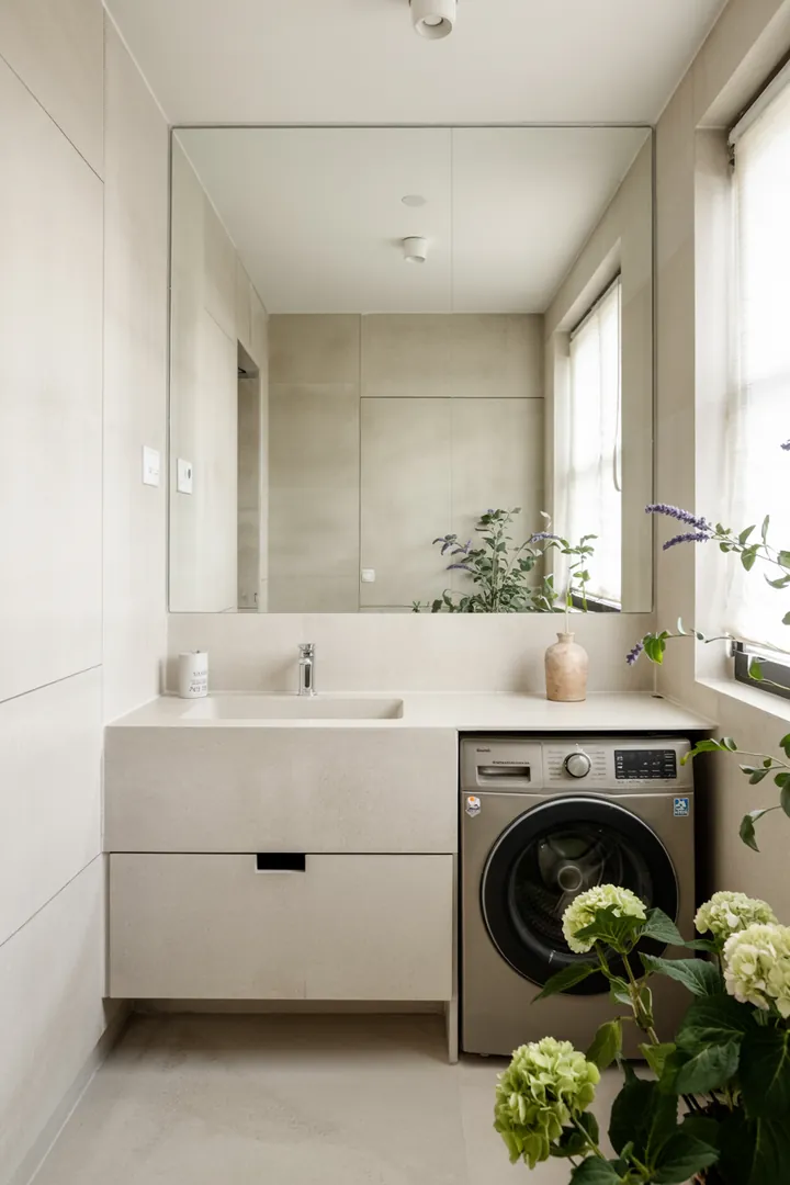 Ein stilvoll gestalteter Raum, in dem eine Waschmaschine harmonisch in die Badezimmerumgebung integriert ist, sorgt für ein ästhetisches Gesamtbild.