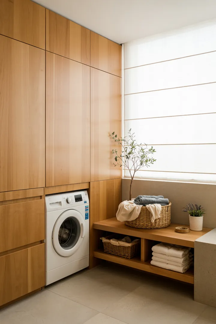 Ein stilvoll gestaltetes Badezimmer, in dem eine Waschmaschine elegant in die Einrichtung integriert ist, um den Raum harmonisch und aufgeräumt wirken zu lassen.