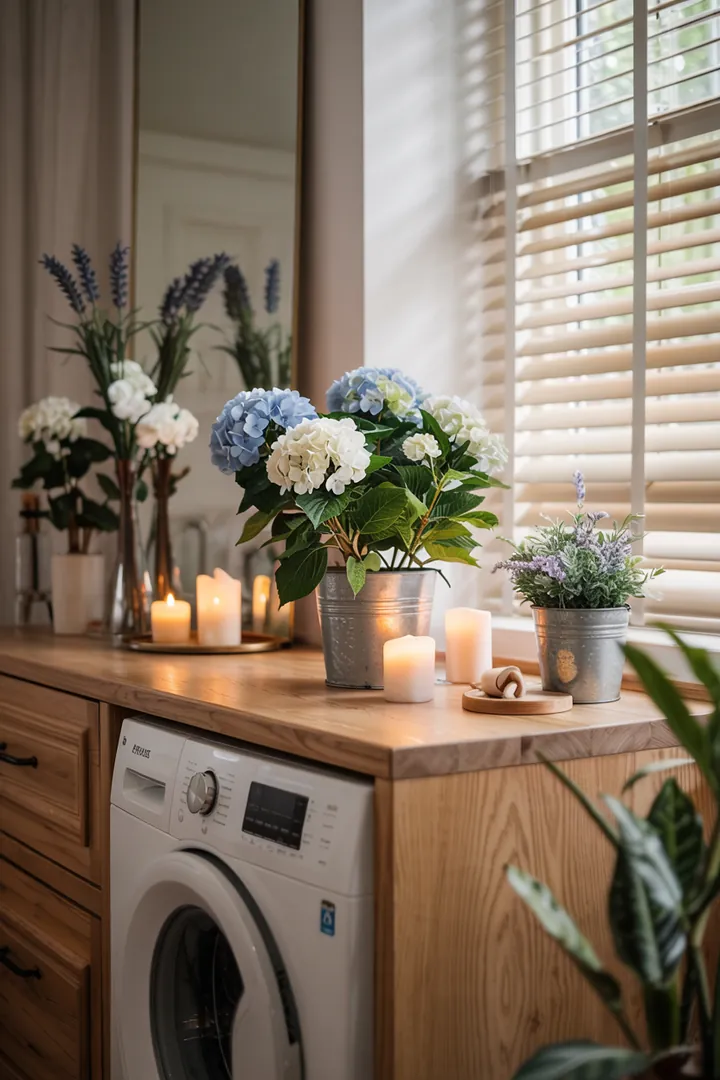 Ein stilvoll eingerichtetes Badezimmer, in dem eine Waschmaschine geschickt in die Umgebung integriert ist, um eine harmonische und ansprechende Atmosphäre zu schaffen.