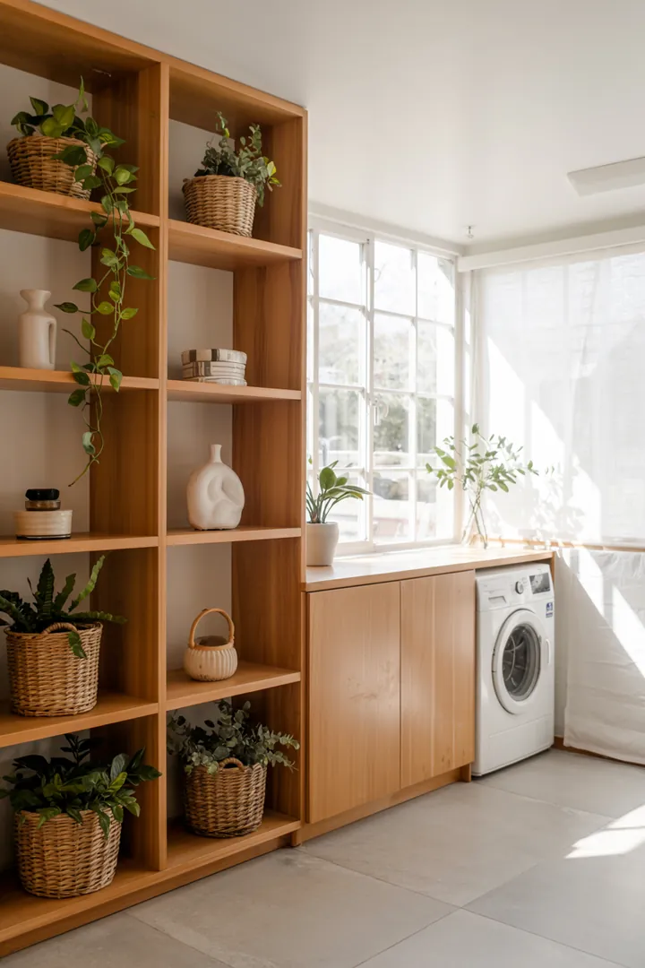 Ein stilvoll gestalteter Flur mit einem cleveren Stauraum, der die Waschmaschine elegant integriert und somit Platz spart.