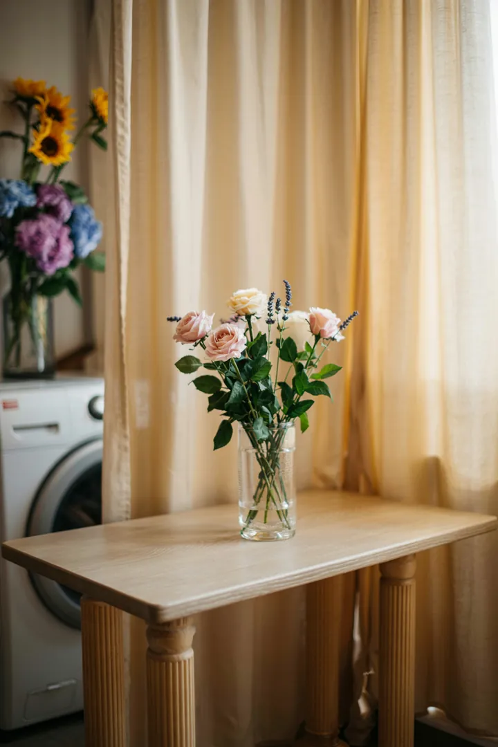 Ein stilvoll gestalteter Flur mit cleverem Stauraum, der eine Waschmaschine verborgen hält, harmonisch in die Einrichtung integriert.