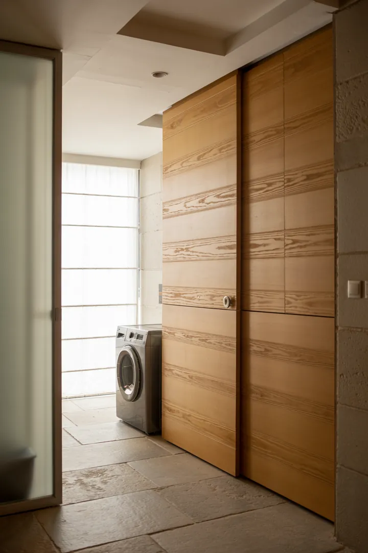 Ein eleganter Flur mit clever integriertem Stauraum, der eine moderne Waschmaschine geschickt verbirgt und gleichzeitig stilvolle Akzente setzt.