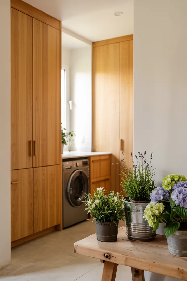 Ein stilvoller, moderner Flur mit clever integriertem Haushaltsgerät, das geschickt den Raum optimiert und Platz spart. Ideal für die Waschmaschine im Flur.